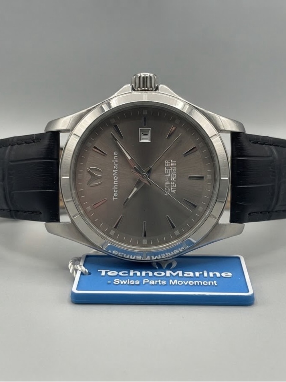 Technomarine Men's Silver Case Gray Dial Watch with Black Leather Strap